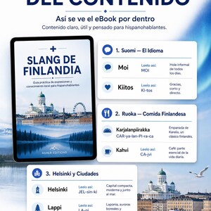 May include: A digital tablet displays the cover of an eBook titled "SLANG DE FINLANDIA" with a Finnish landscape. The image is a preview of the eBook's content, including Finnish phrases, food, and city information. The eBook is designed for Spanish speakers.