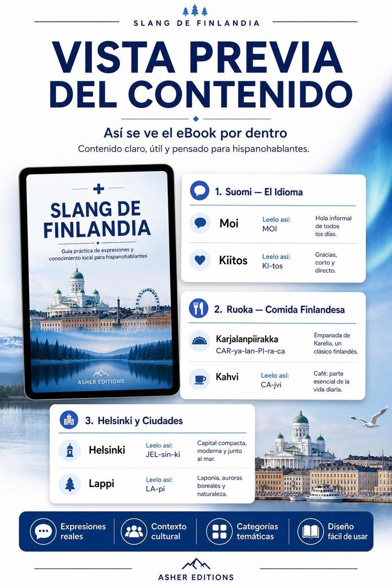 May include: A digital tablet displays the cover of an eBook titled "SLANG DE FINLANDIA" with a Finnish landscape. The image is a preview of the eBook's content, including Finnish phrases, food, and city information. The eBook is designed for Spanish speakers.