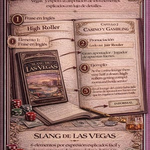 Puede incluir: Una gu&iacute;a ilustrada del argot de Las Vegas, con un libro titulado "Slang de Las Vegas" abierto para mostrar texto e ilustraciones. Fichas de casino, dados y dinero est&aacute;n dispuestos alrededor del libro.