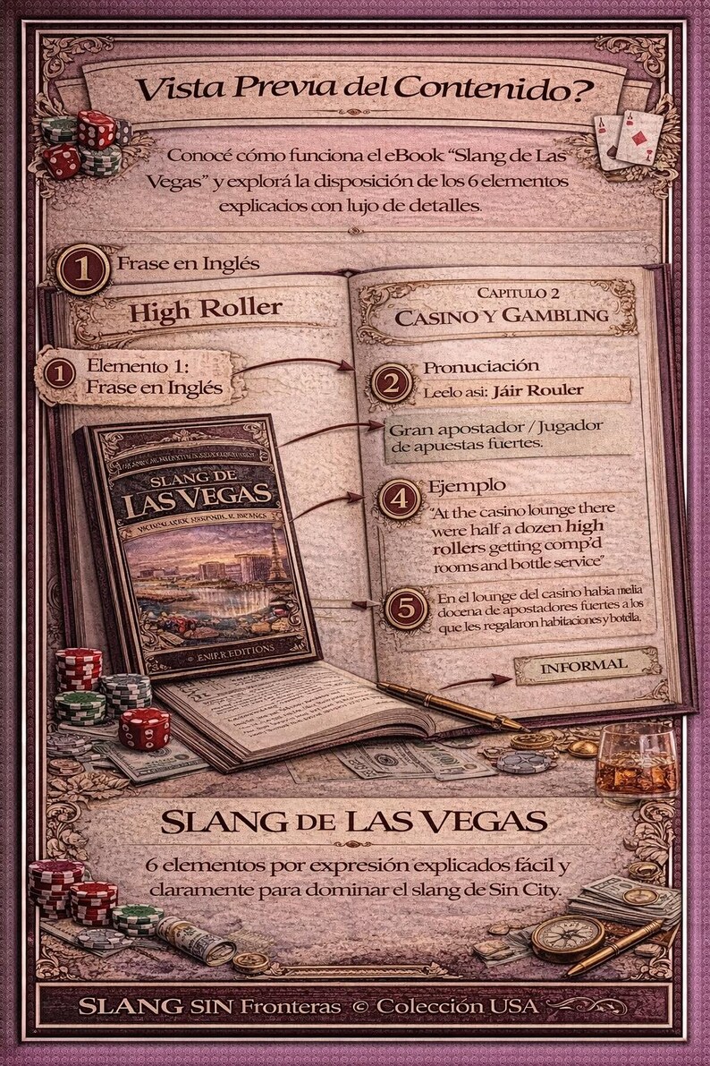 Puede incluir: Una gu&iacute;a ilustrada del argot de Las Vegas, con un libro titulado "Slang de Las Vegas" abierto para mostrar texto e ilustraciones. Fichas de casino, dados y dinero est&aacute;n dispuestos alrededor del libro.