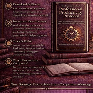 Puede incluir: Un ebook titulado "The Business Student's Professional Productivity Protocol" se muestra en una pila de libros. La portada presenta un dise&ntilde;o de reloj. La imagen incluye texto sobre productividad y c&oacute;mo usar el ebook.