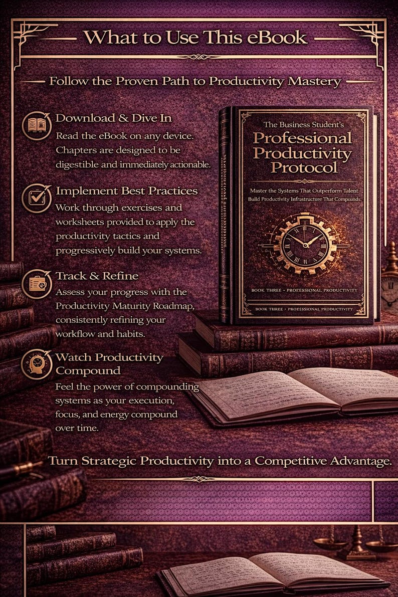 Puede incluir: Un ebook titulado "The Business Student's Professional Productivity Protocol" se muestra en una pila de libros. La portada presenta un dise&ntilde;o de reloj. La imagen incluye texto sobre productividad y c&oacute;mo usar el ebook.