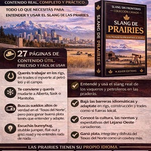 Op de afbeelding: Een boek getiteld "Slang de Prairies" met een zwarte kaft en de Canadese vlag rechtsboven. Het boek belooft de slang van de prairies te leren. De kaft toont een prairie landschap.