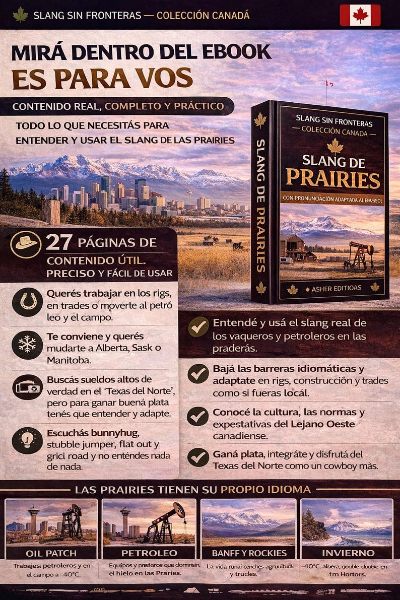 Op de afbeelding: Een boek getiteld "Slang de Prairies" met een zwarte kaft en de Canadese vlag rechtsboven. Het boek belooft de slang van de prairies te leren. De kaft toont een prairie landschap.