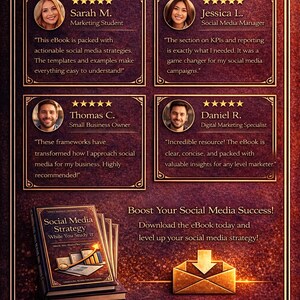 May include: An advertisement for a social media strategy eBook. The image features reviews from marketing professionals, the book cover, and a call to action to download the eBook. The color scheme is dark with gold accents.