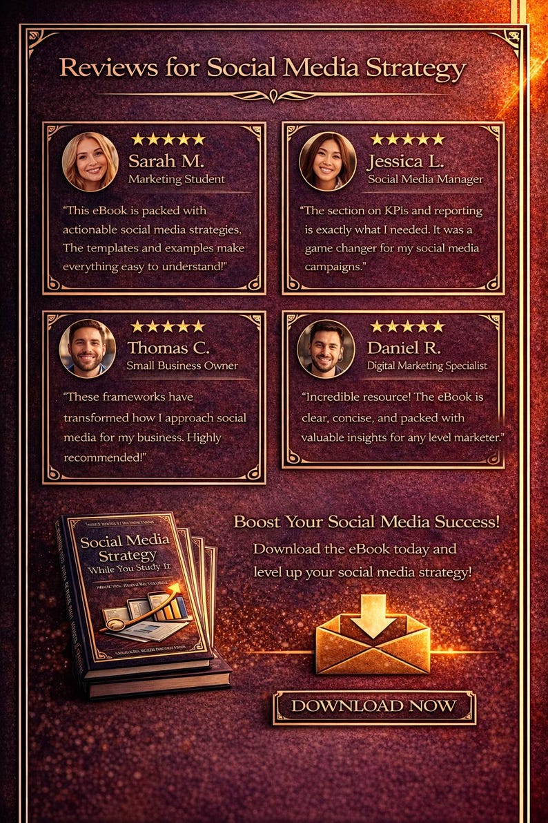 May include: An advertisement for a social media strategy eBook. The image features reviews from marketing professionals, the book cover, and a call to action to download the eBook. The color scheme is dark with gold accents.