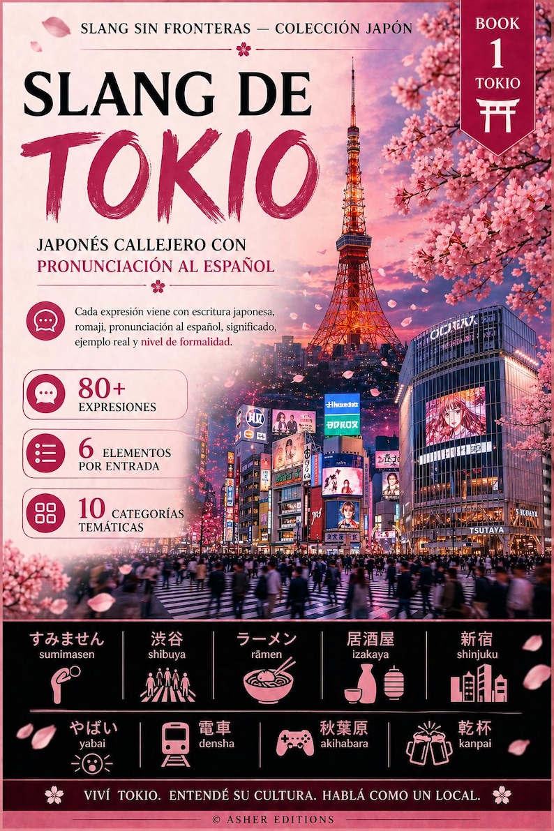 Op de afbeelding: Boekomslag "Slang de Tokio" met Japanse tekst en Spaanse uitspraak. De omslag toont een stadsgezicht met de Tokyo Tower en kersenbloesems. Bevat 80+ uitdrukkingen, 6 elementen en 10 categorie&euml;n.