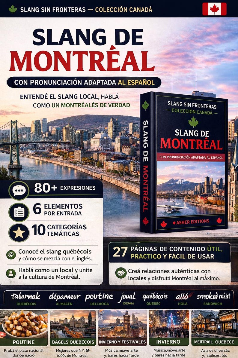 May include: A book titled "Slang de Montr&eacute;al" in Spanish, with a cityscape background and a cover featuring the same title and a Canadian maple leaf. It promises to teach local slang and phrases.