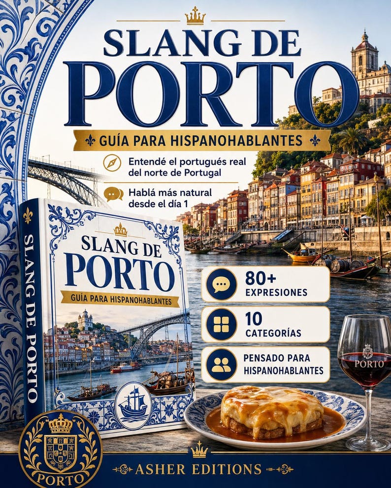 May include: A book titled "SLANG DE PORTO" with a blue and gold cover, featuring a cityscape and the text "GU&Iacute;A PARA HISPANOHABLANTES." Additional text includes "80+ EXPRESSIONS" and "10 CATEGORIES." A glass of Porto wine and a plate of food are also visible.