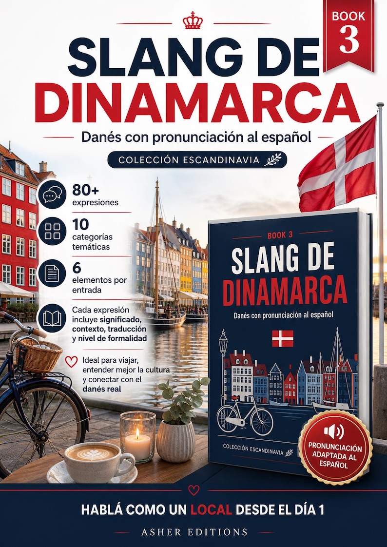 Puede incluir: Un libro titulado "Slang de Dinamarca" con texto en espa&ntilde;ol, con una bandera danesa y un paisaje urbano. La portada muestra el t&iacute;tulo del libro y una bandera danesa. Iconos adicionales indican m&aacute;s de 80 expresiones, 10 categor&iacute;as tem&aacute;ticas y 6 elementos de entrada.
