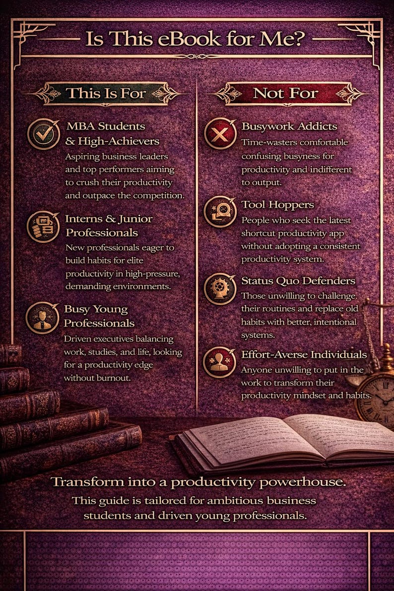 Puede incluir: Una portada de libro electr&oacute;nico con un fondo p&uacute;rpura y detalles dorados. El texto dice "Is This eBook for Me?" y enumera para qui&eacute;n es el libro y para qui&eacute;n no. El libro es para estudiantes de MBA, pasantes y j&oacute;venes profesionales.