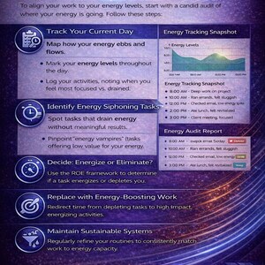 May include: A digital graphic with a purple and blue gradient background. The graphic provides a guide to audit your day to energize your productivity. It includes steps for tracking energy levels and identifying energy-draining tasks.