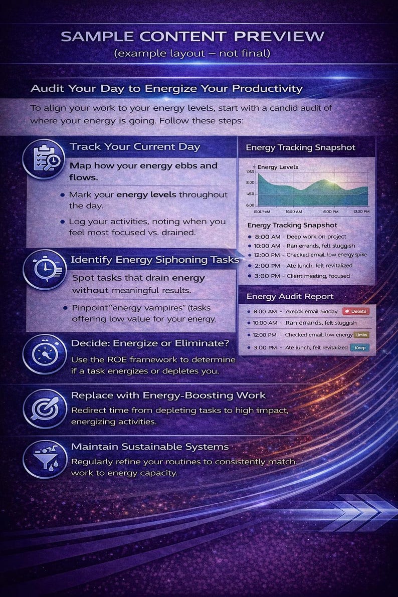 May include: A digital graphic with a purple and blue gradient background. The graphic provides a guide to audit your day to energize your productivity. It includes steps for tracking energy levels and identifying energy-draining tasks.