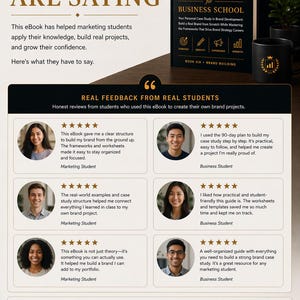 May include: A promotional image for a digital marketing student series. The image features a book titled "Brand Building for Business School" and student testimonials. The book is black with gold lettering. The overall theme is education and brand development.