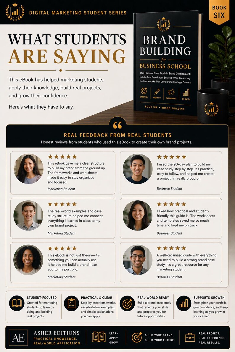 May include: A promotional image for a digital marketing student series. The image features a book titled "Brand Building for Business School" and student testimonials. The book is black with gold lettering. The overall theme is education and brand development.