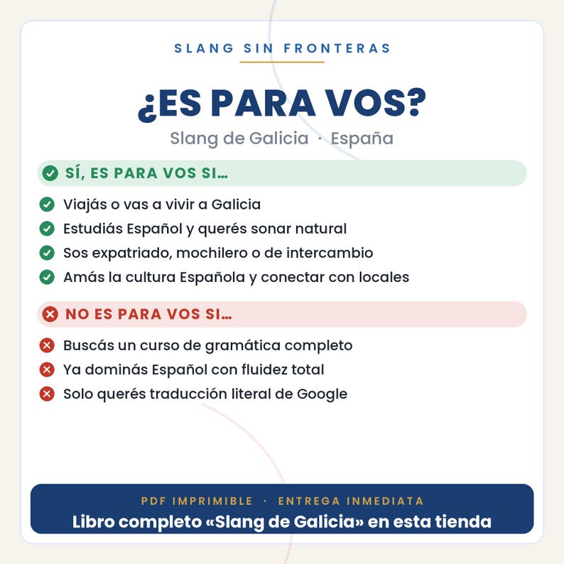 Pode incluir: Um gr&aacute;fico informativo branco intitulado Slang Sin Fronteras com o cabe&ccedil;alho Es Para Vos? Slang de Galicia, Espa&ntilde;a. Lista crit&eacute;rios para quem &eacute; o guia com marcas de verifica&ccedil;&atilde;o verdes e quem n&atilde;o &eacute; com x vermelhos, terminando com um rodap&eacute; azul.