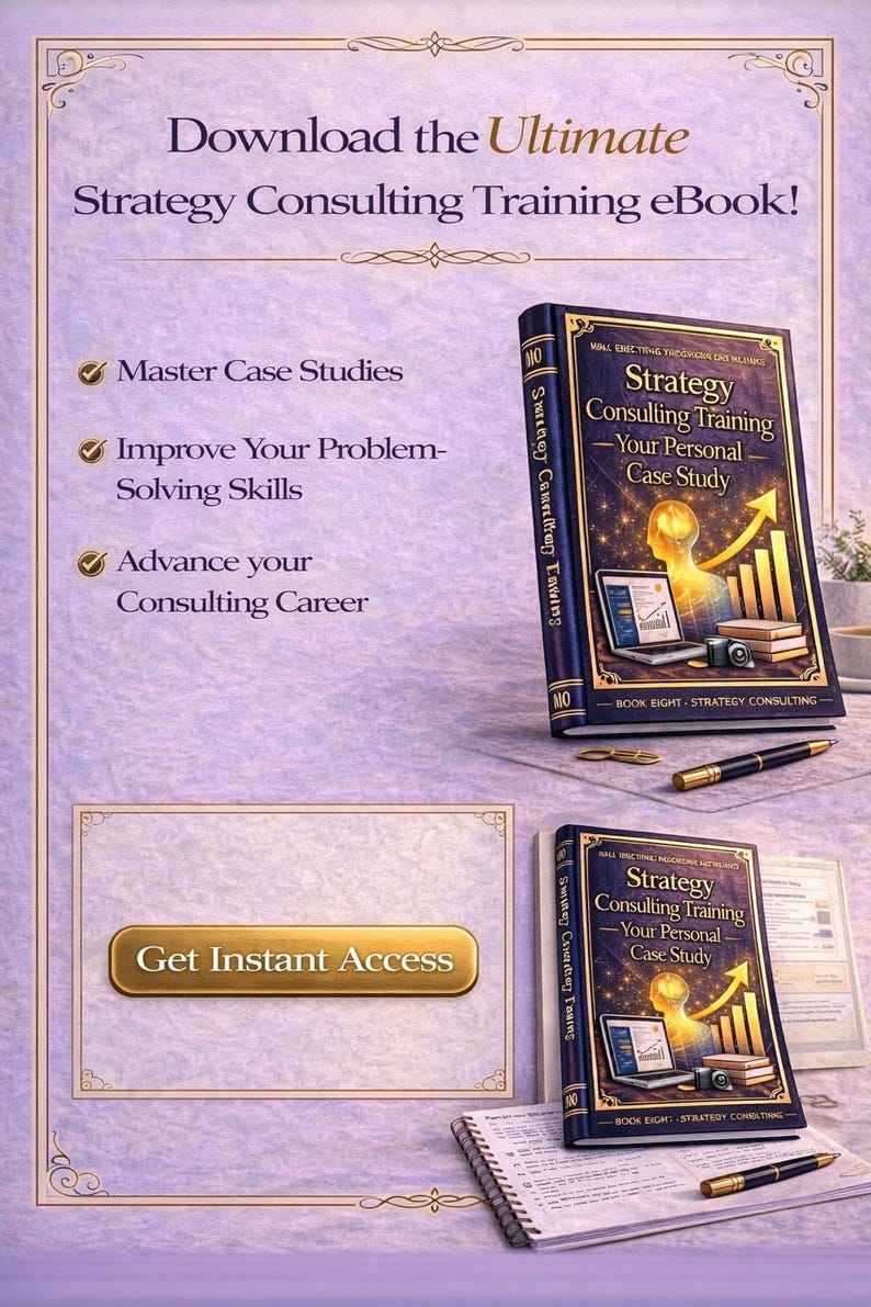 May include: Image of a promotional graphic for a strategy consulting training eBook. The image features a book titled "Strategy Consulting Training - Your Personal Case Study" with a gold and blue cover. The text includes "Master Case Studies", "Improve Your Problem-Solving Skills", and "Advance your Consulting Career".