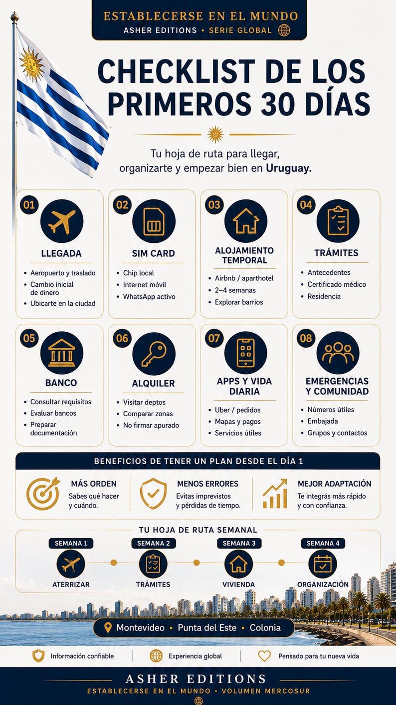 Peut inclure: Infographie pr&eacute;sentant une liste de contr&ocirc;le pour les 30 premiers jours en Uruguay, avec des ic&ocirc;nes pour l'arriv&eacute;e, la carte SIM, le logement temporaire, etc. Comprend le drapeau uruguayen et des guides de planification hebdomadaires. Le texte dit "Checklist des 30 premiers jours."