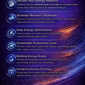 May include: A graphic with the text "WHAT YOU WILL LEARN" and several bullet points. The points include topics like "Decode Your Energy Patterns", "Strategic Recovery Protocols", and "Daily Energy Optimization". The background is a gradient of purple and blue with glowing lines.