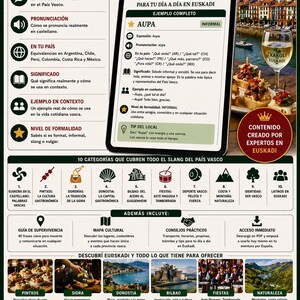 May include: A colorful infographic about Basque culture and language, featuring text in Spanish and English. It includes sections on pronunciation, slang, and essential phrases, with images of food and landscapes.