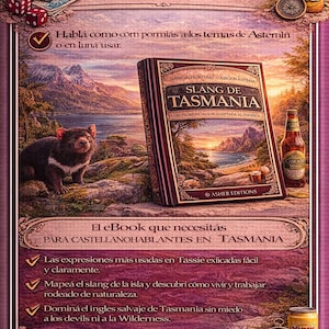 May include: An illustrated advertisement for an eBook about Tasmanian slang. The image features a book, a beer bottle, a can of beer, a Tasmanian devil, and text in Spanish. The book cover reads "Slang de Tasmania."