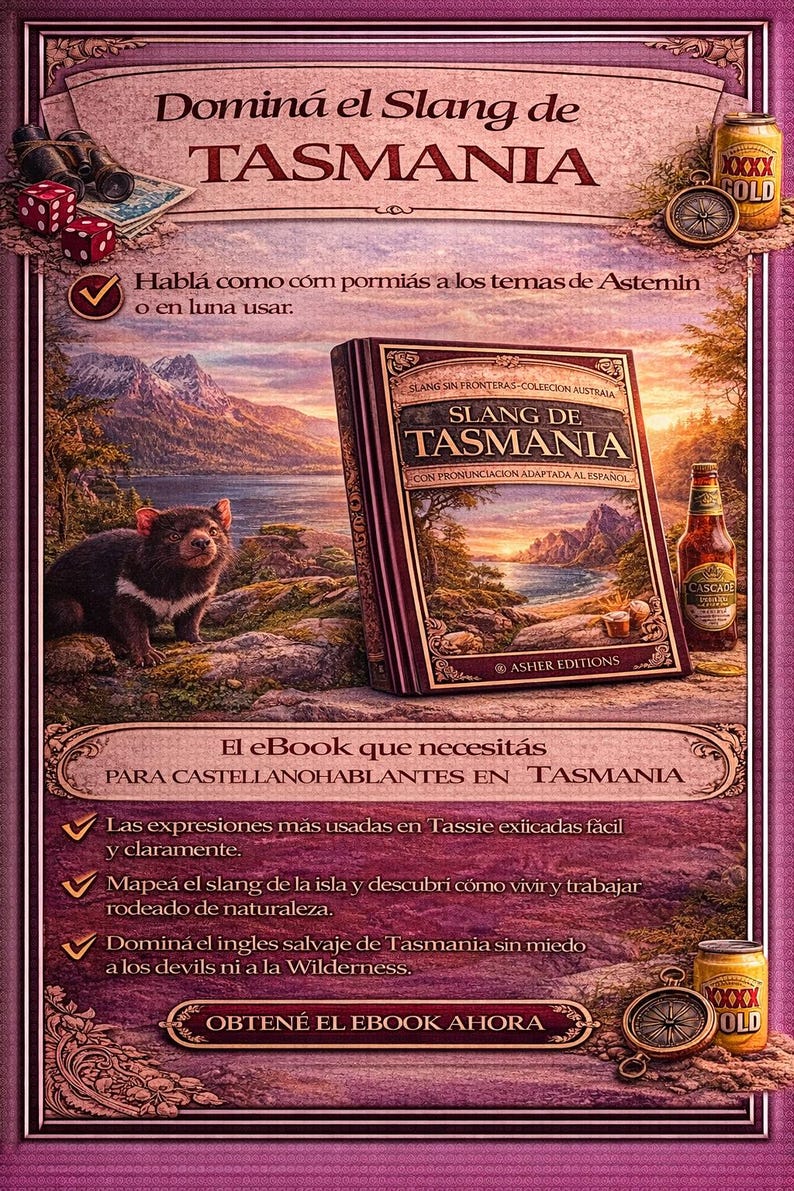May include: An illustrated advertisement for an eBook about Tasmanian slang. The image features a book, a beer bottle, a can of beer, a Tasmanian devil, and text in Spanish. The book cover reads "Slang de Tasmania."