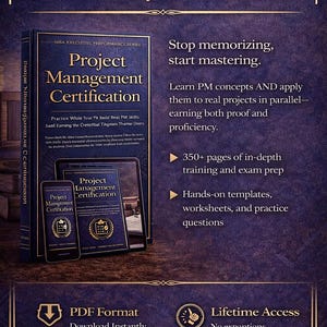 May include: A navy blue graphic promoting project management certification. The image features a book, tablet, and phone displaying the title "Project Management Certification." Text highlights in-depth training, templates, and lifetime access.