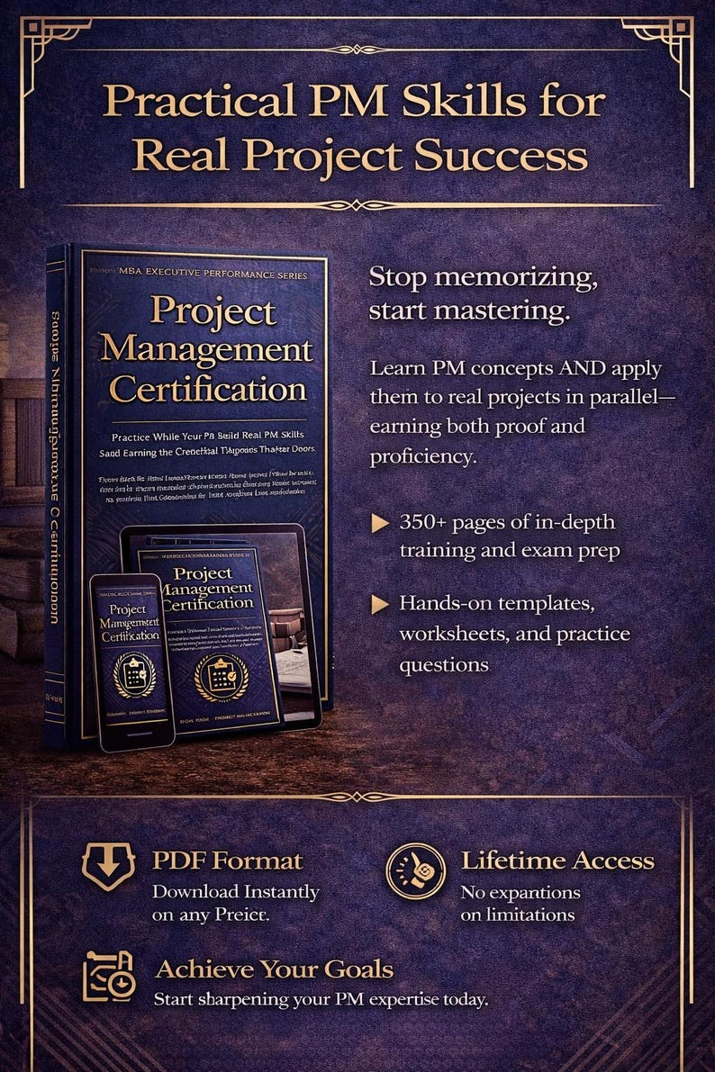 May include: A navy blue graphic promoting project management certification. The image features a book, tablet, and phone displaying the title "Project Management Certification." Text highlights in-depth training, templates, and lifetime access.