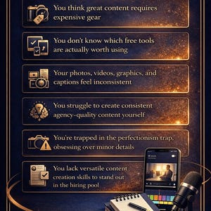 May include: An ebook cover with the title "WHAT THIS EBOOK SOLVES" and bullet points about content creation challenges. A smartphone displays a video editing interface. A notebook, pen, and microphone are also visible.