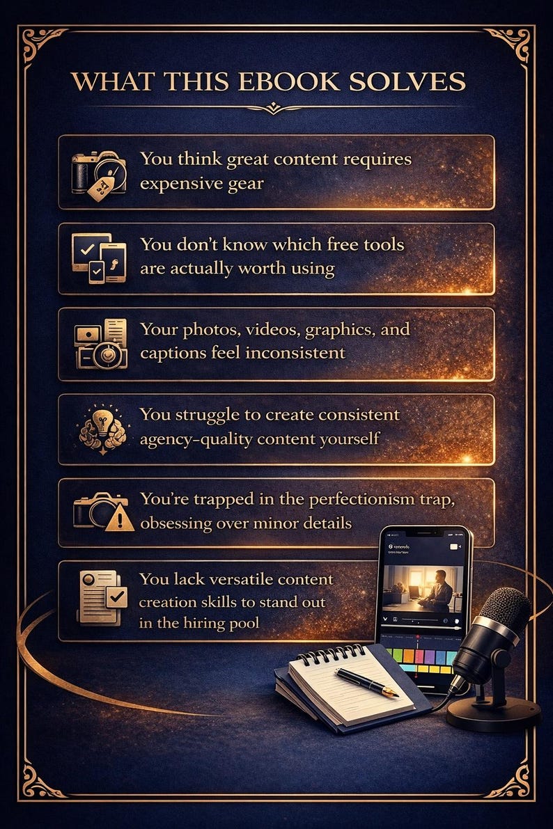 May include: An ebook cover with the title "WHAT THIS EBOOK SOLVES" and bullet points about content creation challenges. A smartphone displays a video editing interface. A notebook, pen, and microphone are also visible.