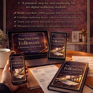May include: A laptop, tablet, smartphone, and book show "Your First 1,000 Followers: A Marketing Student's Lab." The image promotes digital marketing skills, growth tracking, and editable templates for marketing students.