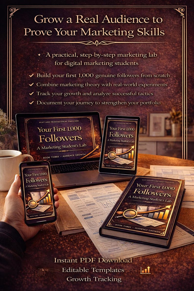 May include: A laptop, tablet, smartphone, and book show "Your First 1,000 Followers: A Marketing Student's Lab." The image promotes digital marketing skills, growth tracking, and editable templates for marketing students.