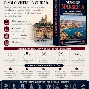 May include: A book cover titled "Slang de Marsella" in French. The cover is dark blue with the French flag and a cityscape illustration. The book promises to teach the reader how to speak like a local in Marseille.