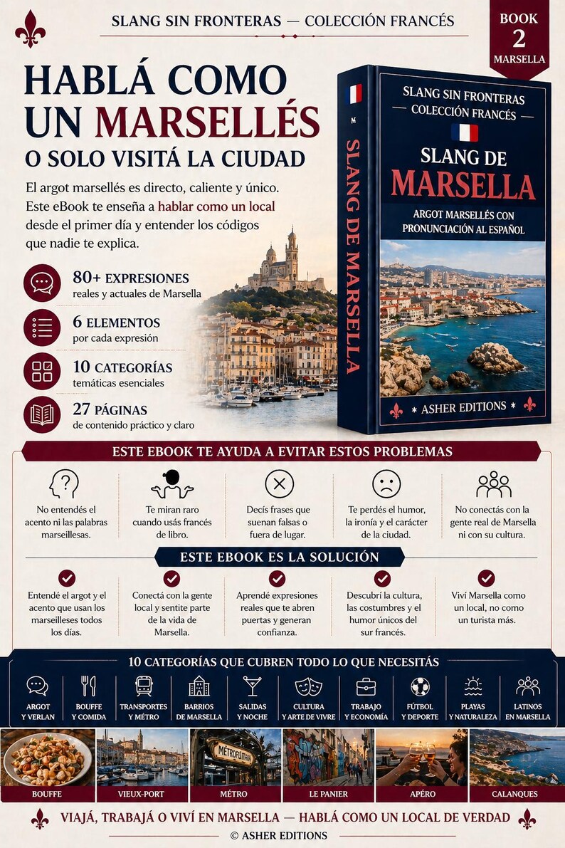 May include: A book cover titled "Slang de Marsella" in French. The cover is dark blue with the French flag and a cityscape illustration. The book promises to teach the reader how to speak like a local in Marseille.
