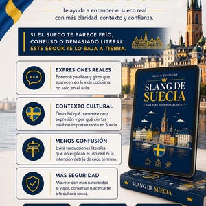 以下が含まれることがあります： Asher Editionsの「Slang de Suecia」（スウェーデンのスラング）というタイトルの電子書籍の広告。電子書籍の表紙がタブレットに表示され、スウェーデンの国旗と都市景観が背景にあります。広告は電子書籍の利点を強調しています。