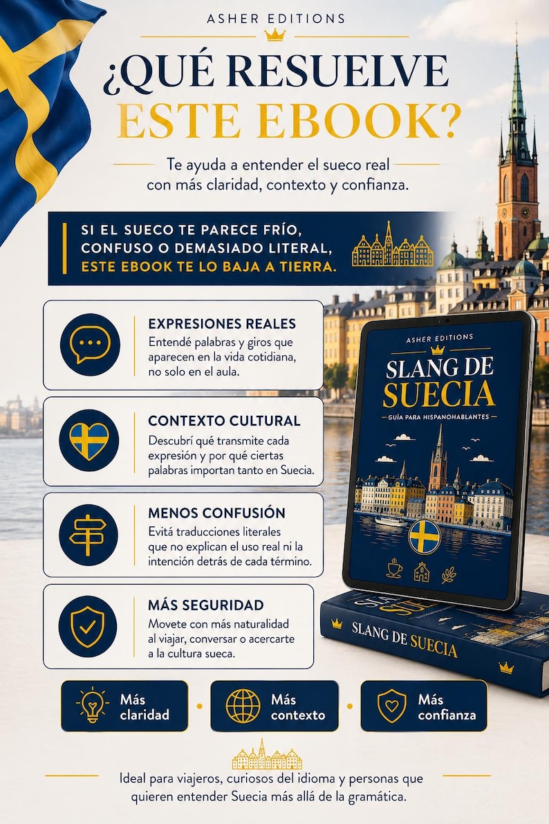 以下が含まれることがあります： Asher Editionsの「Slang de Suecia」（スウェーデンのスラング）というタイトルの電子書籍の広告。電子書籍の表紙がタブレットに表示され、スウェーデンの国旗と都市景観が背景にあります。広告は電子書籍の利点を強調しています。