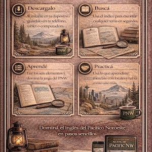 May include: An illustrated guide on how to use an eBook, featuring instructions in Spanish. The image includes a map, books, a lantern, and a coffee mug with "PNW" on it. The guide teaches the slang of the Pacific Northwest.