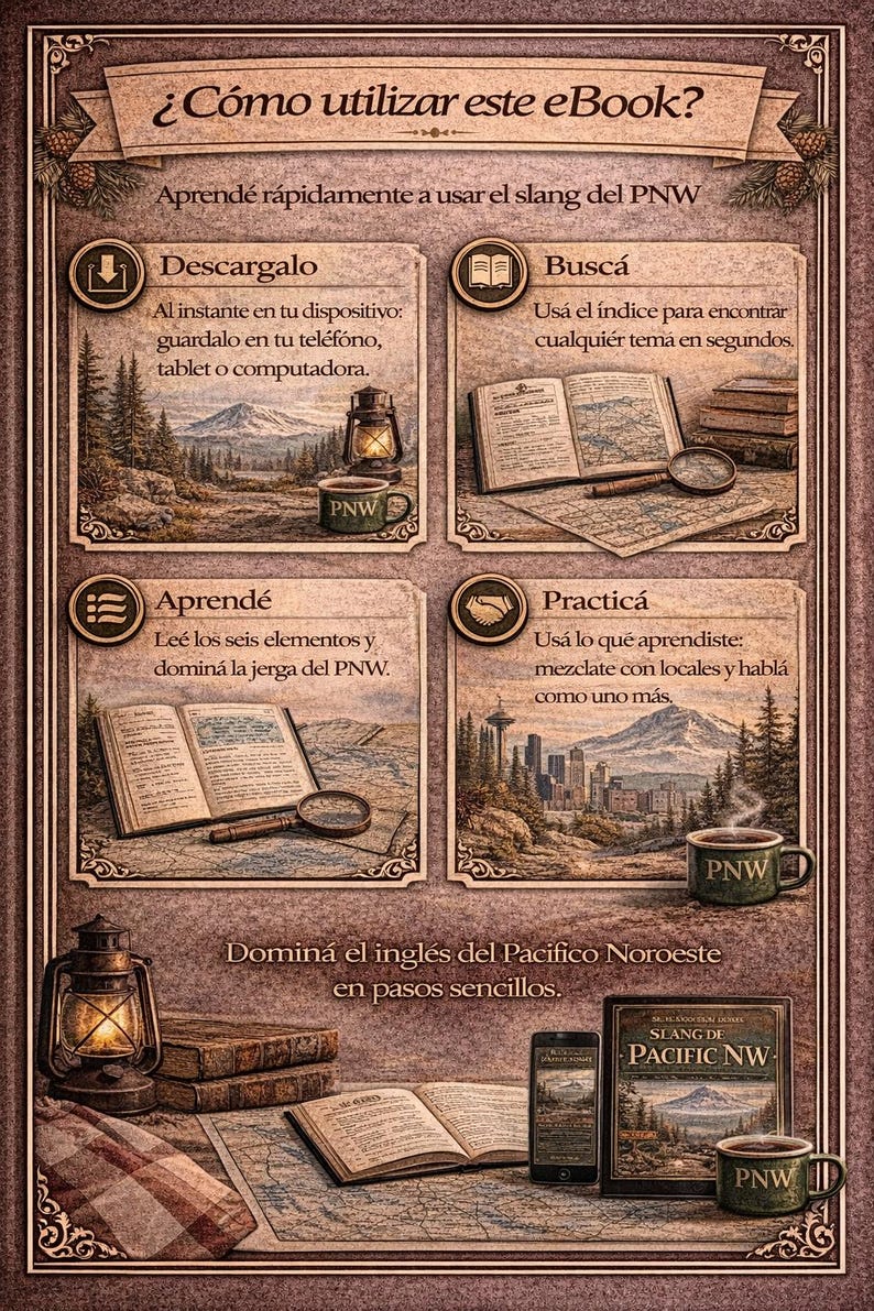 May include: An illustrated guide on how to use an eBook, featuring instructions in Spanish. The image includes a map, books, a lantern, and a coffee mug with "PNW" on it. The guide teaches the slang of the Pacific Northwest.