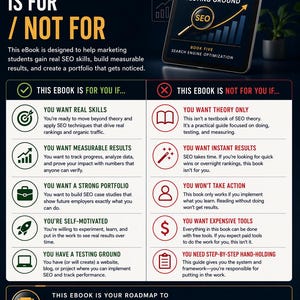 May include: An ebook cover titled "SEO Student's Real-World Testing Ground" with the text "Book Five" and "Digital Marketing Student Series". The cover is on a tablet, with a dark background and bullet points describing what the ebook is and isn't for.