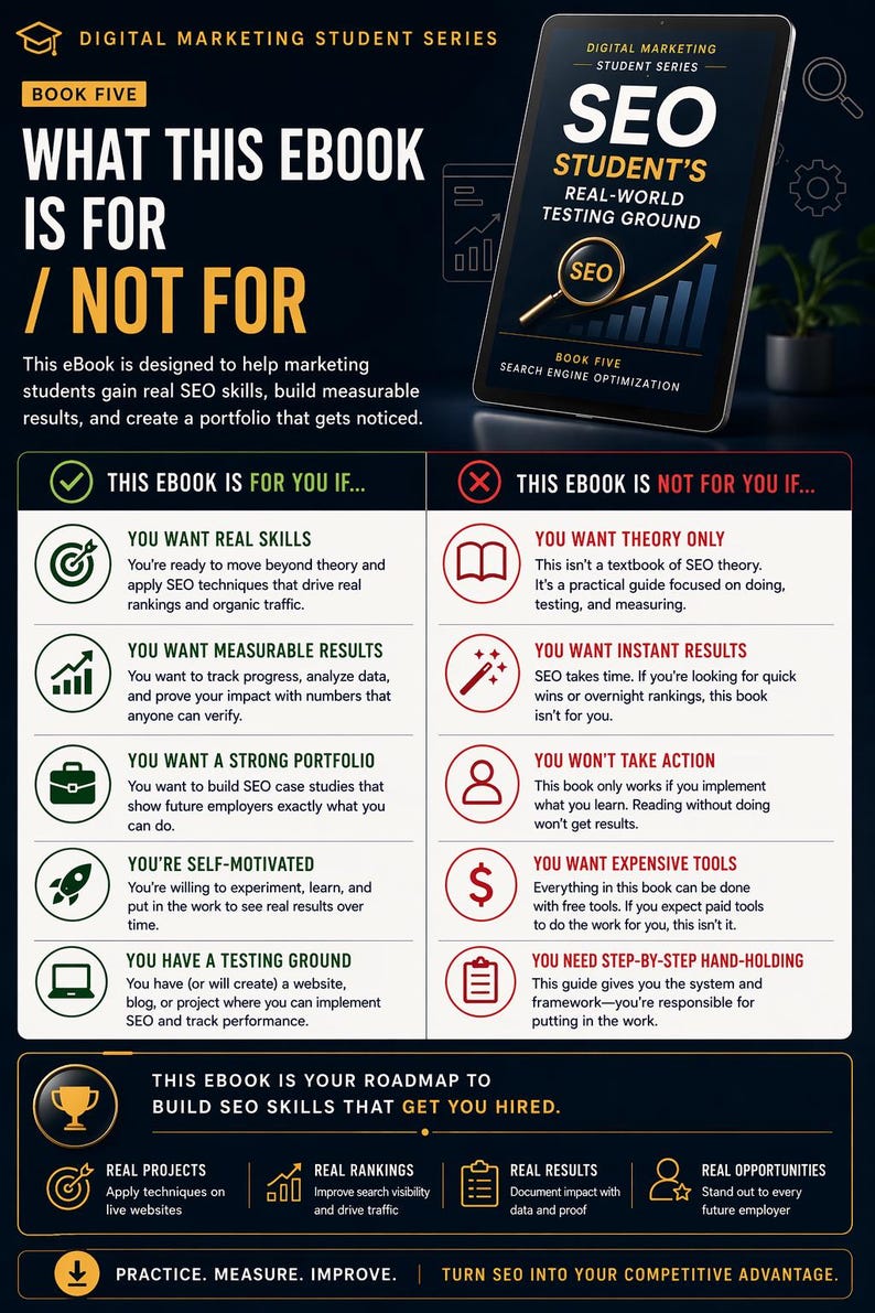 May include: An ebook cover titled "SEO Student's Real-World Testing Ground" with the text "Book Five" and "Digital Marketing Student Series". The cover is on a tablet, with a dark background and bullet points describing what the ebook is and isn't for.