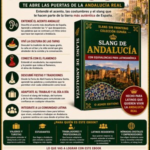 May include: An ebook cover titled "Slang de Andaluc&iacute;a" with a green and gold design. The book promises to teach the Andalusian dialect, culture, and slang. The cover features a cityscape and text in Spanish.
