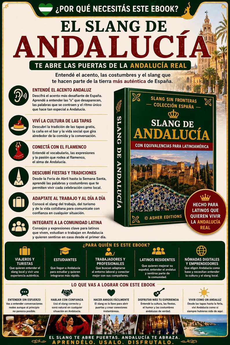 May include: An ebook cover titled "Slang de Andaluc&iacute;a" with a green and gold design. The book promises to teach the Andalusian dialect, culture, and slang. The cover features a cityscape and text in Spanish.