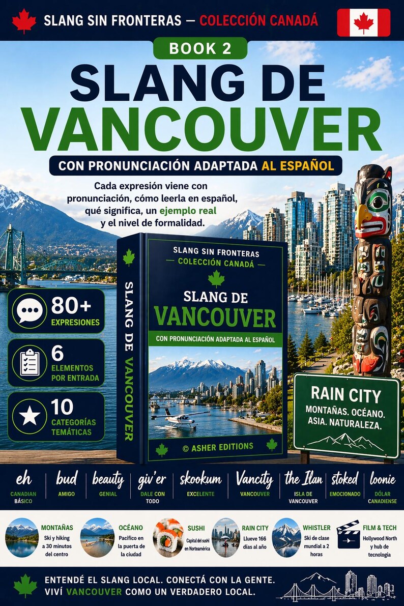 May include: A book cover titled "Slang de Vancouver" with text in Spanish, featuring a cityscape, a totem pole, and a Canadian flag. The cover promotes learning Vancouver slang.