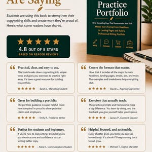 May include: A dark green book, "The Copywriting Student's Practice Portfolio", designed to teach copywriting skills. The cover text highlights mastering formats and building a portfolio. Reader reviews show a 4.8-star rating.