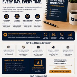 May include: An image promoting a social media management ebook. The book's cover is visible, alongside a coffee cup, pen, and other marketing materials. The book is titled "Social Media Management" and aims to help readers learn by doing.