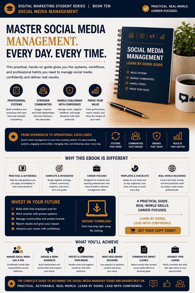 May include: An image promoting a social media management ebook. The book's cover is visible, alongside a coffee cup, pen, and other marketing materials. The book is titled "Social Media Management" and aims to help readers learn by doing.