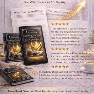 May include: An advertisement for "The Executive Coaching Students" featuring a tablet and books with the title. The image includes text that says "Join 1,500+ Aspiring Executive Coaches" and "Download Now".
