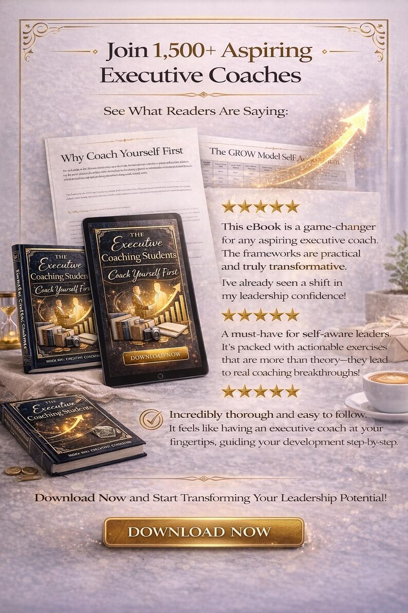 May include: An advertisement for "The Executive Coaching Students" featuring a tablet and books with the title. The image includes text that says "Join 1,500+ Aspiring Executive Coaches" and "Download Now".