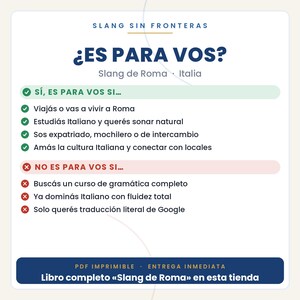 Puede incluir: Gr&aacute;fico informativo digital titulado Slang Sin Fronteras, Es Para Vos? Slang de Roma, Italia. Enumera criterios para lectores potenciales usando marcas de verificaci&oacute;n verdes para s&iacute; y equis rojas para no, terminando con una barra azul.