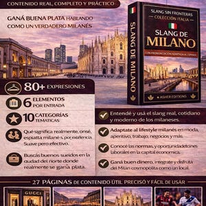 May include: An advertisement for an ebook titled "Slang de Milano" with the Italian flag. The cover features a Milan cityscape. The ad promises real, complete, and practical content, including 80+ expressions and 10 thematic categories.